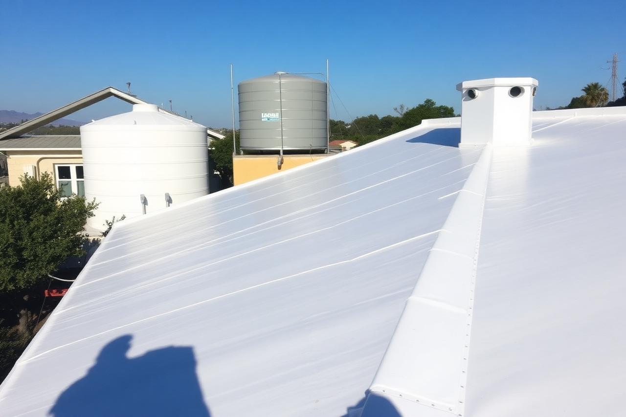 Azotea de vivienda con membrana elastomérica blanca y refuerzo de malla