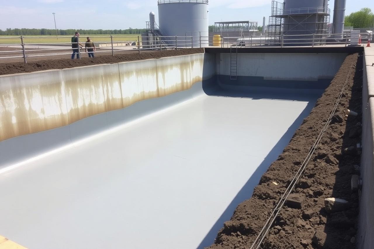 Fosa de tratamiento de agua revestida con poliurea gris